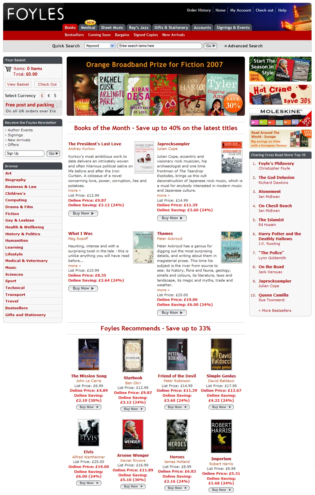 Foyles Bookshop website home page design