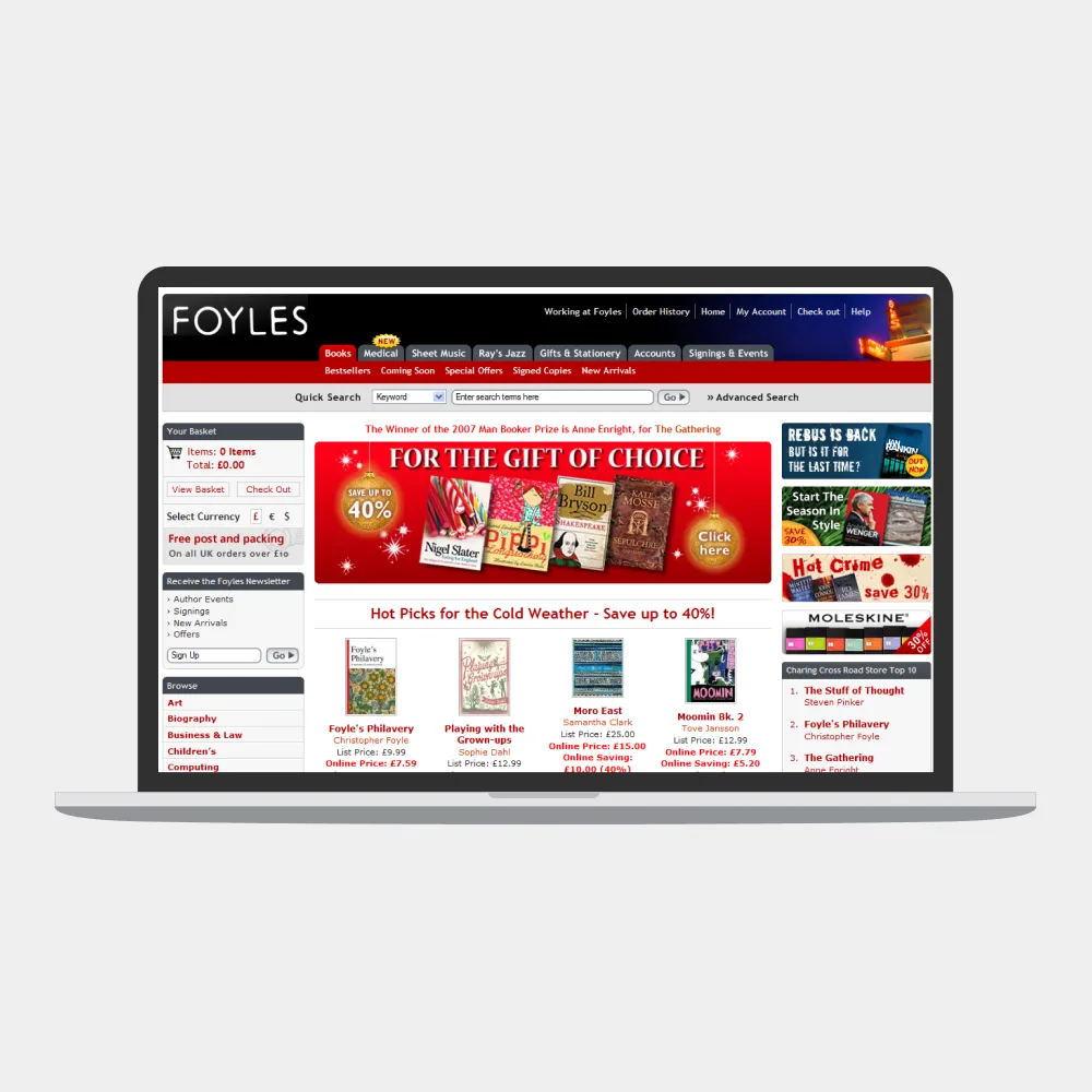 Foyles Bookshop website home page on laptop