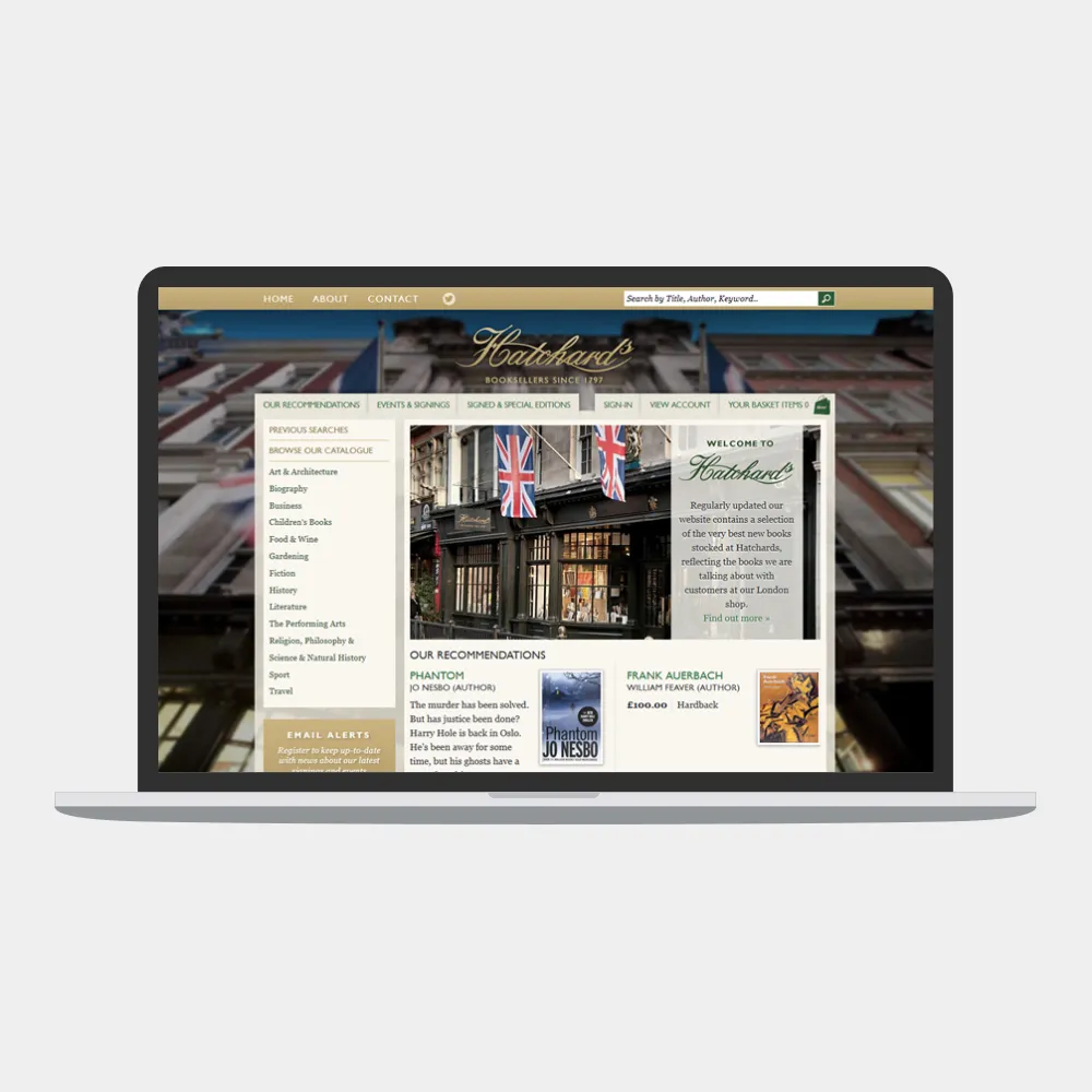 Hatchards Bookshop website on laptop computer