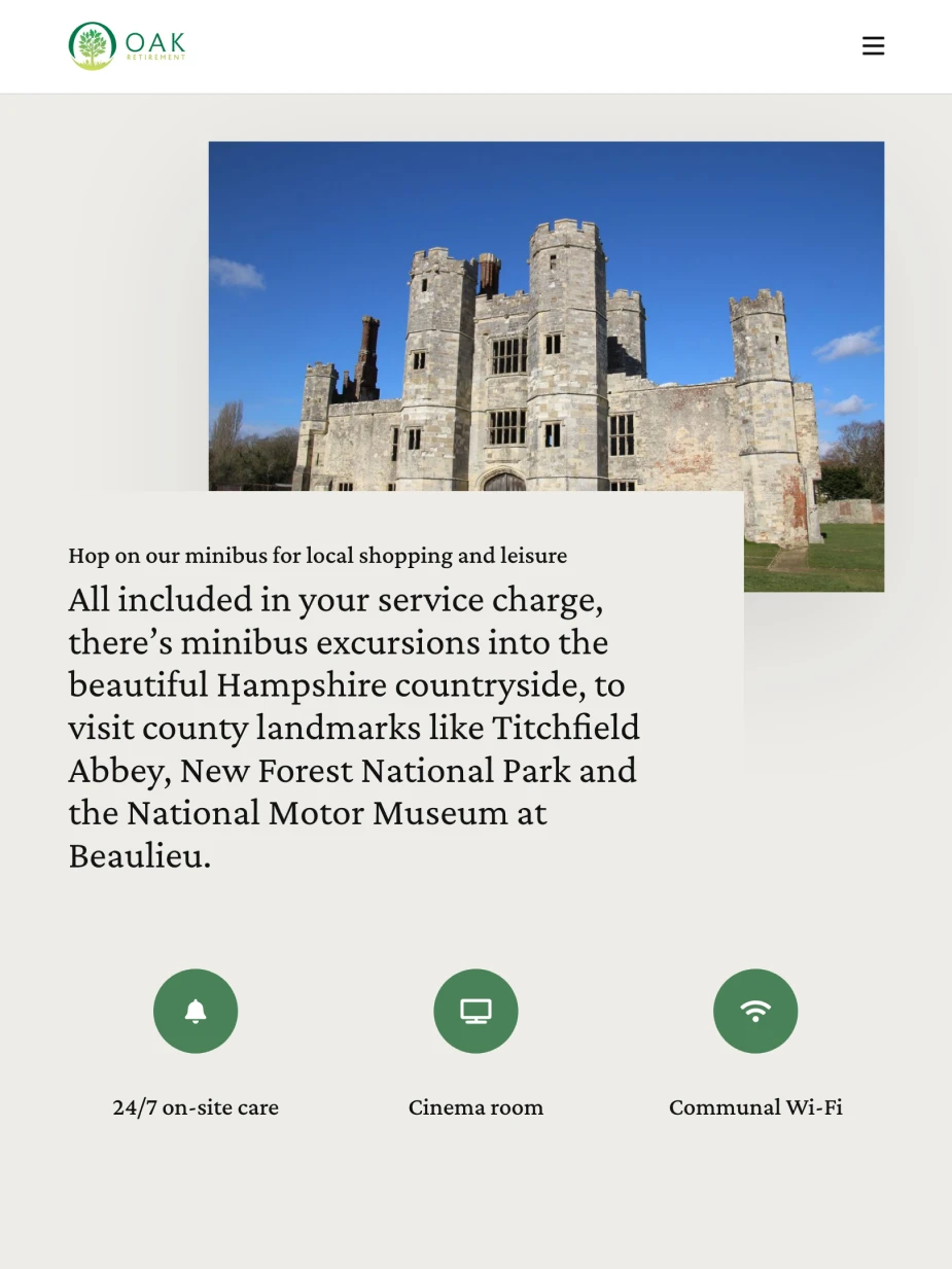 Oak Retirement website on tablet device