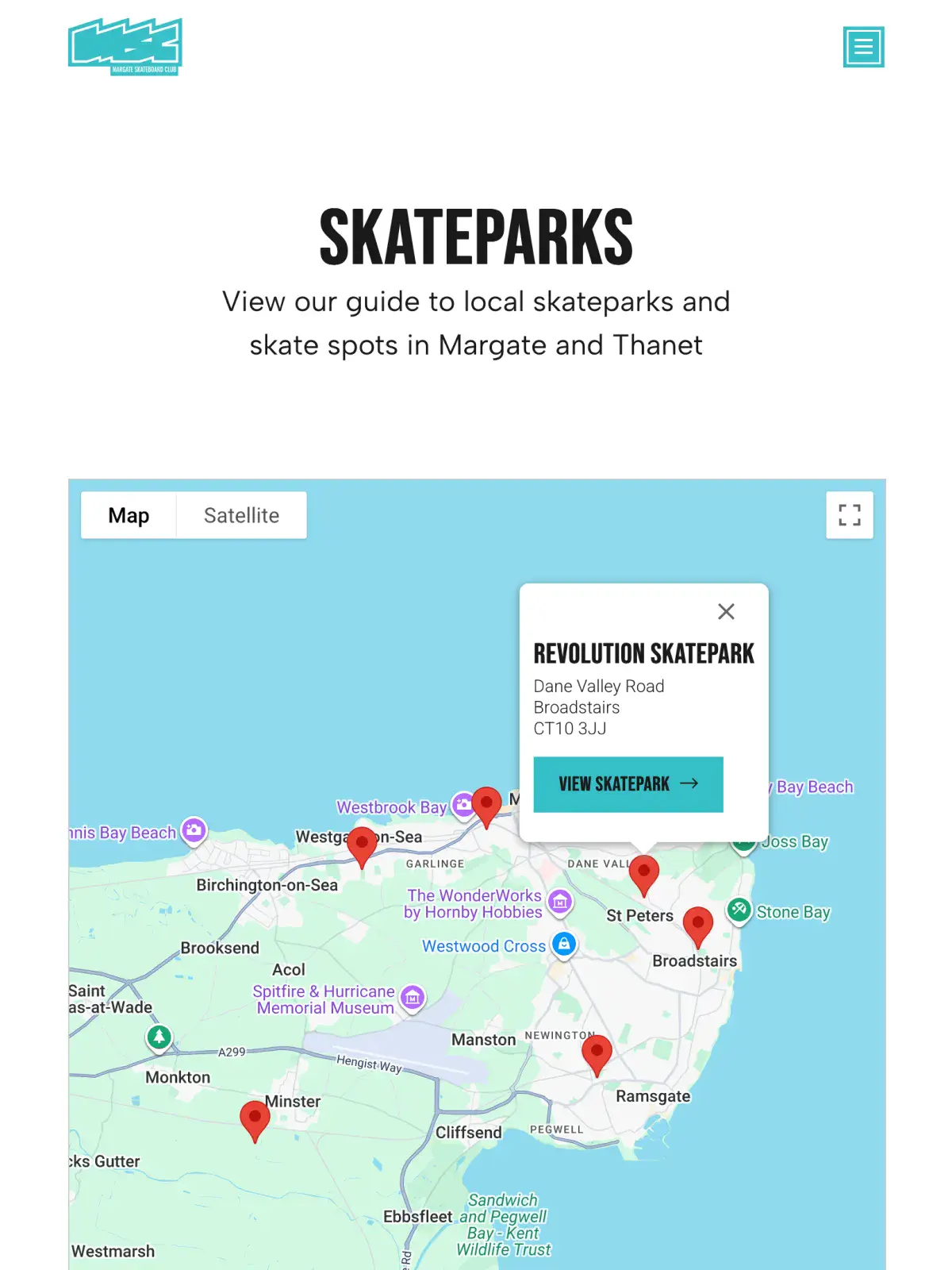 Margate Skateboard Club website on tablet screen