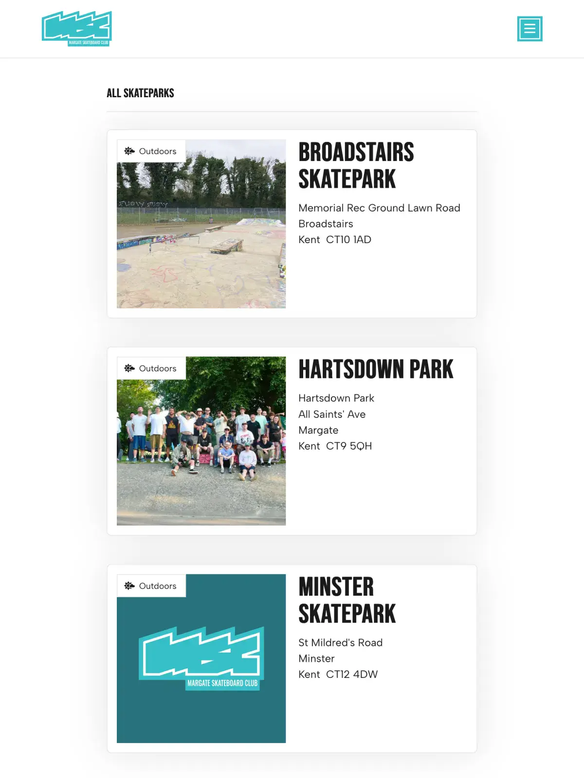 Margate Skateboard Club website on tablet screen