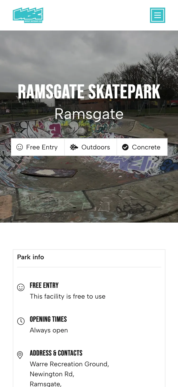 Margate Skateboard Club website on mobile screen