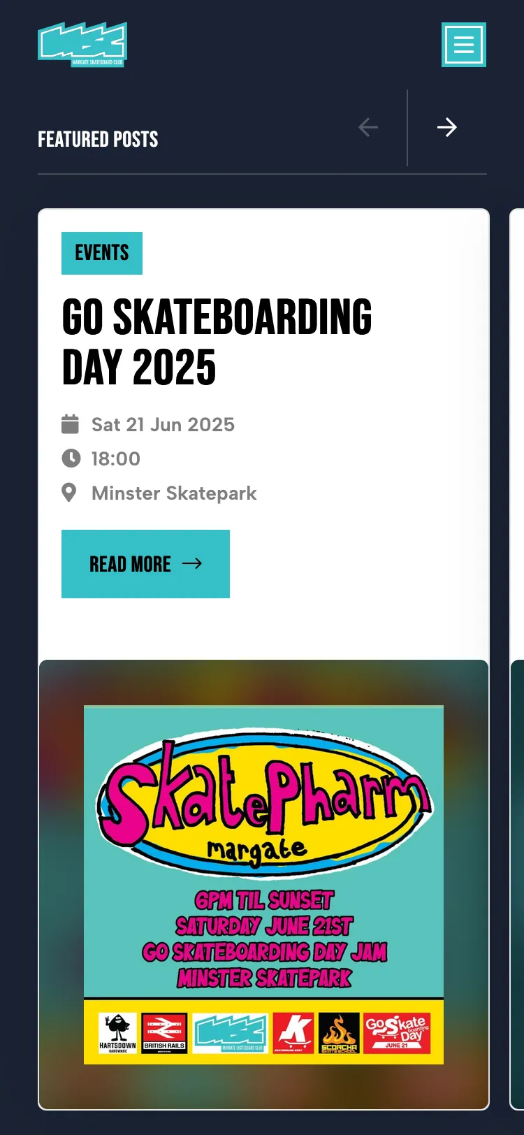 Margate Skateboard Club website on mobile screen
