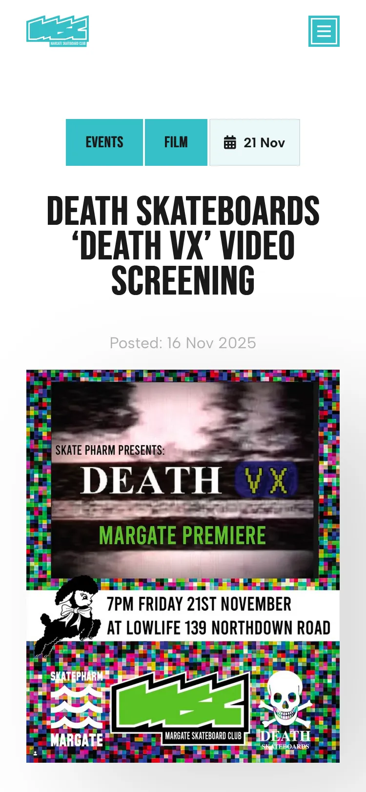 Margate Skateboard Club website on tablet screen