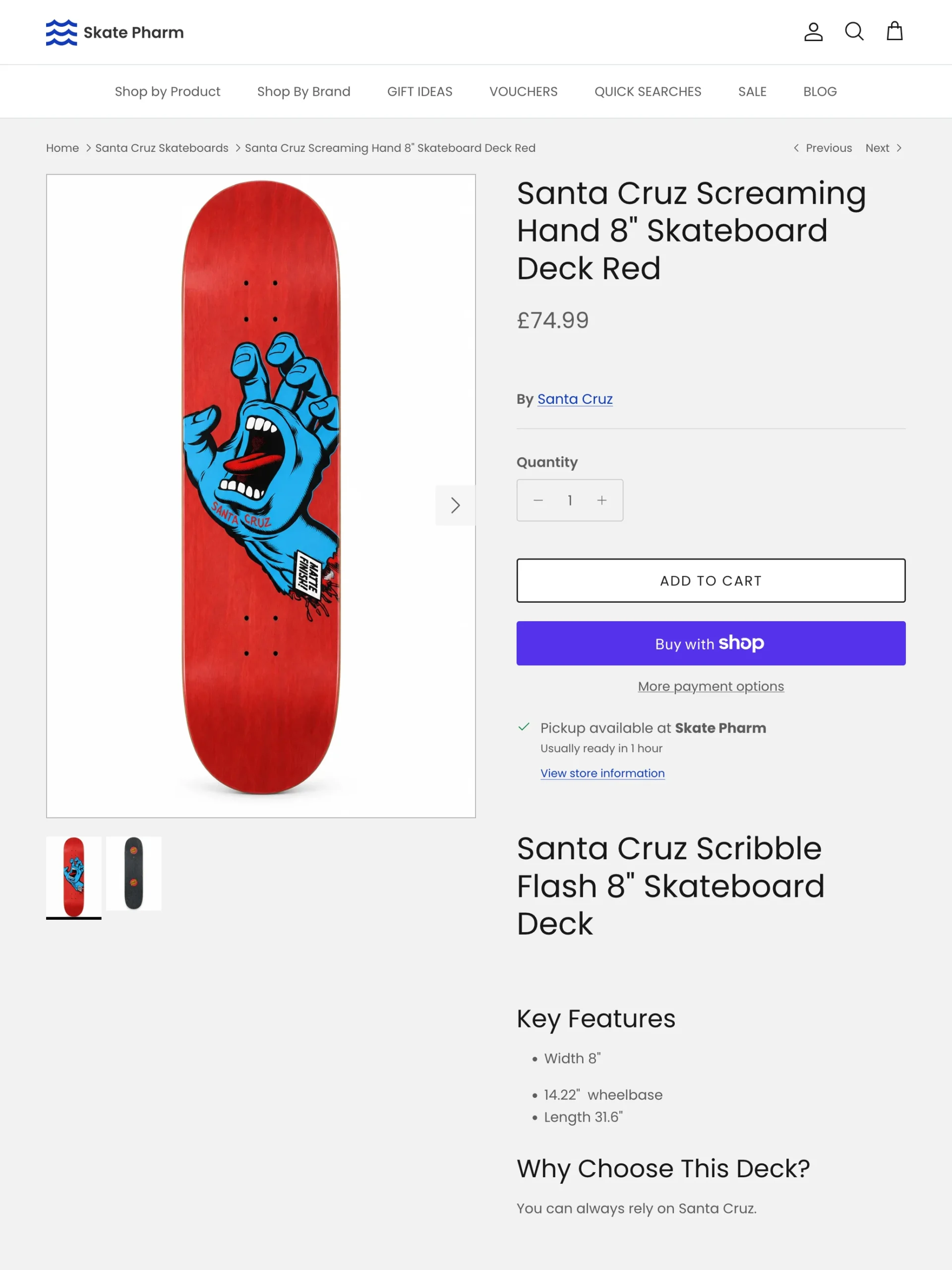 Skate Pharm product page Screaming hand skatebaord Santa Cruz